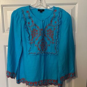 JCrew Turquoise Blouse with Red Embroidery